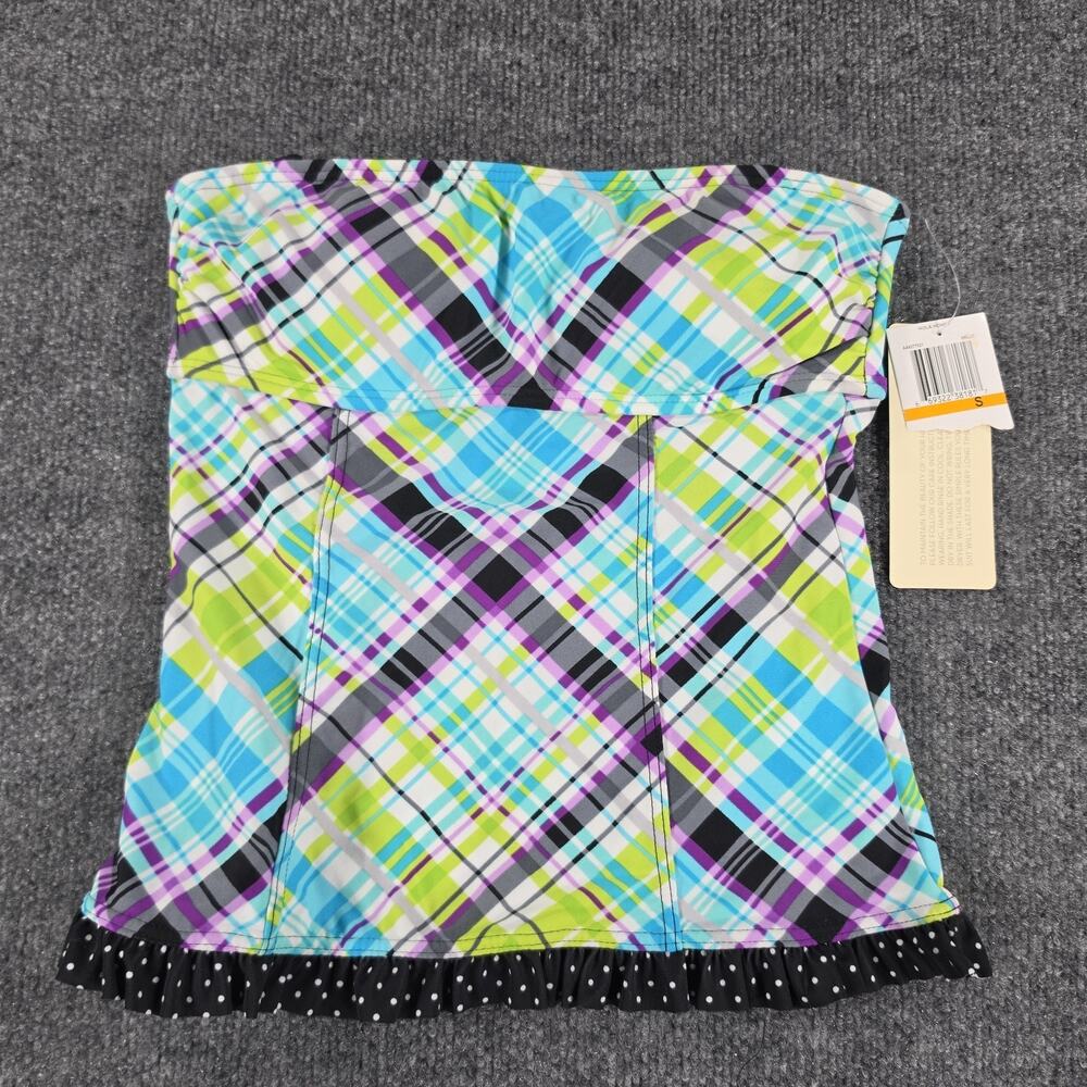 Hula Honey Women's Strapless Tankini Top Size S Multicolor Plaid Ruffle Swimwear